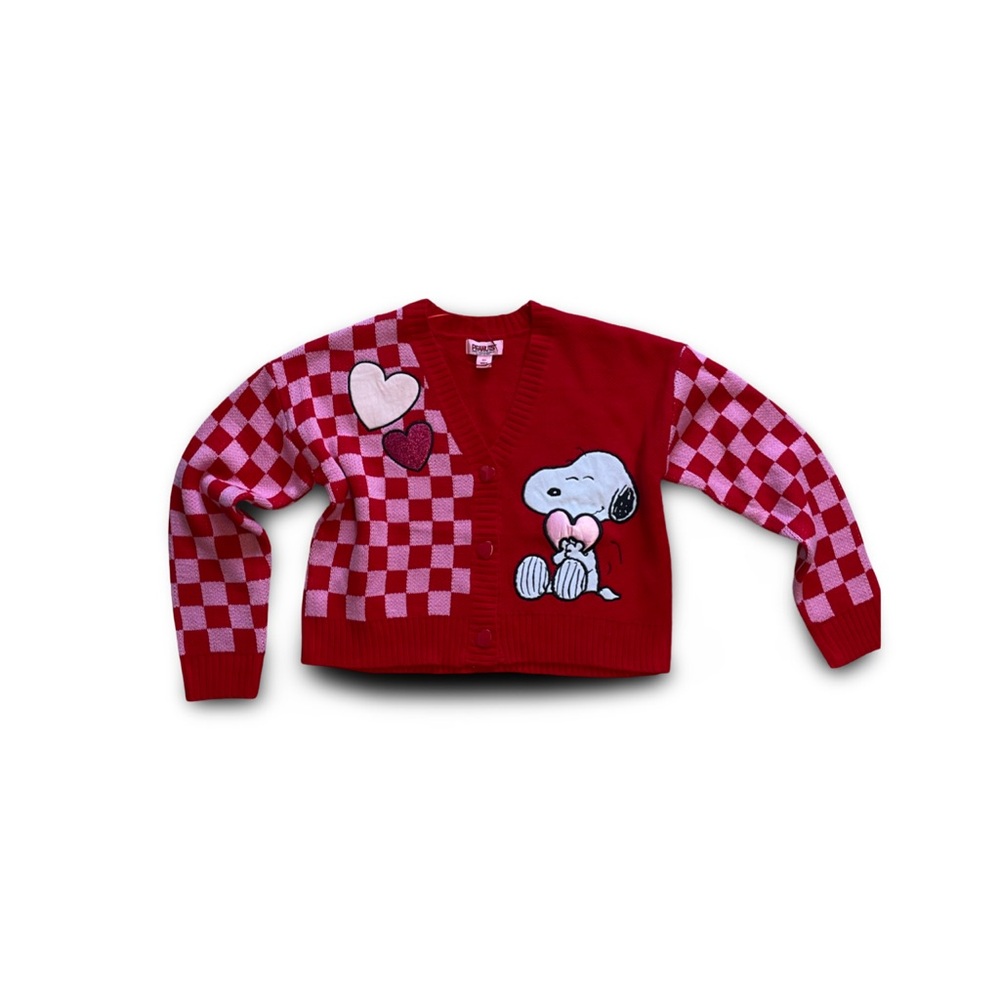 Red Checkered Cardigan with Snoopy and Hearts